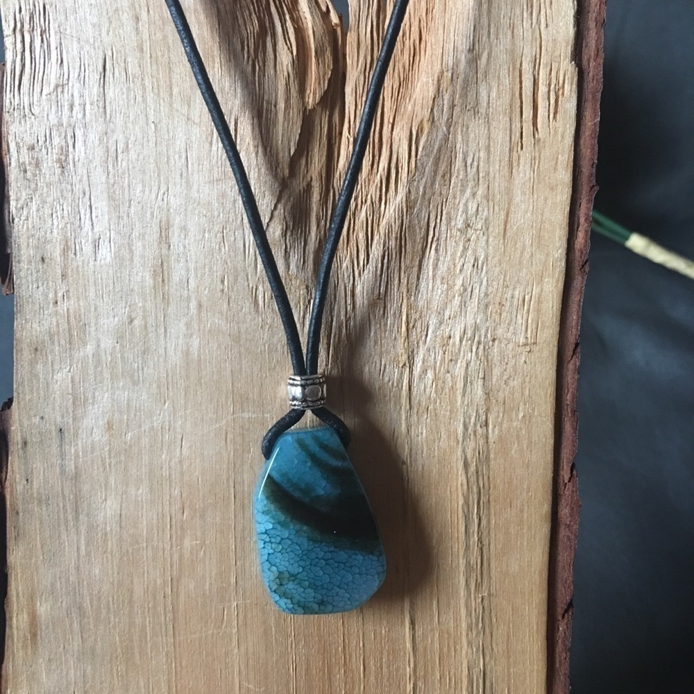 Genuine Blue agate and leather corded long necklace
